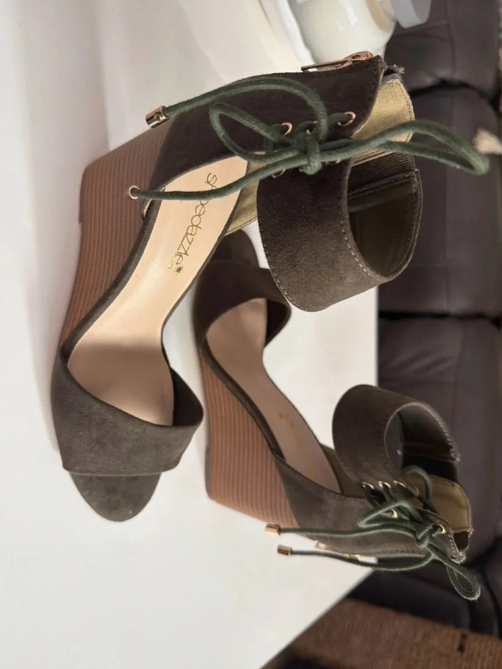 Shoe Dazzle Olive Green Suede Lace-Up Wedge Sandals